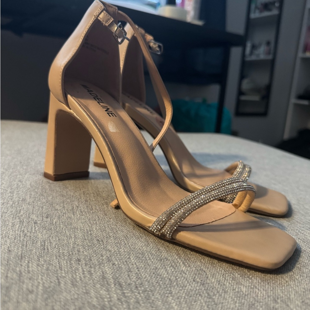 Madden Girl Tan Strappy Heels with Rhinestone Accents